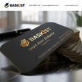 350 g Bilderdruckpapier, beidseitig mit Relieflack, oval gestanzt, Visitenkarte
